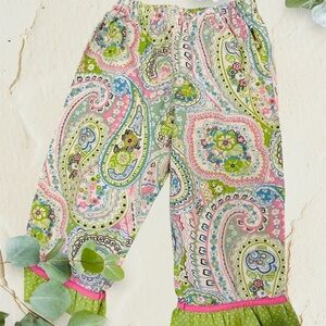 Girls Size 4T 100% Cotton Paisley Ruffle Pants | Pink & Green